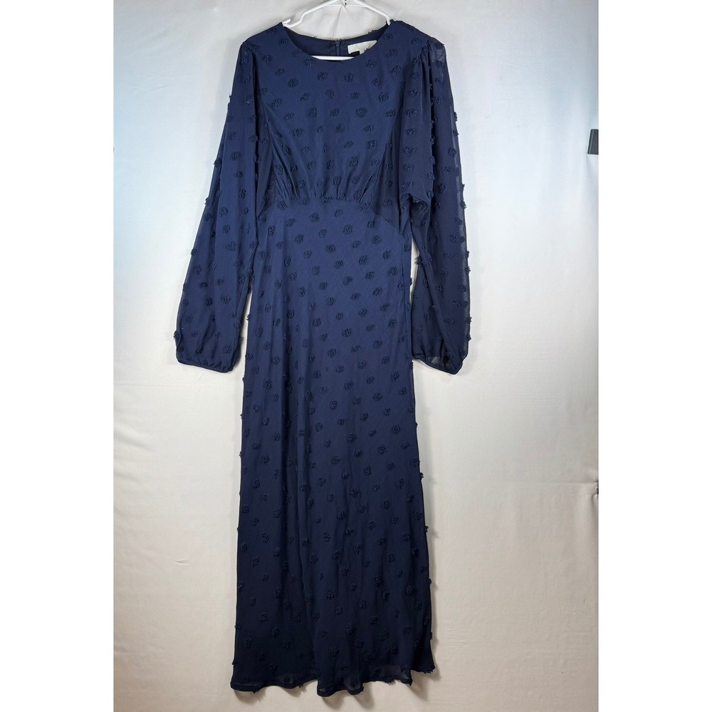Eri + Ali Navy Blue Clip Dot Maxi Dress Long Sleeve Empire Waist TY50776 Size 10